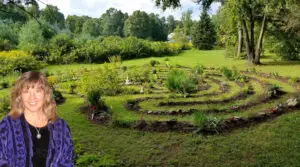 Joan reid at the labyrinth she made at her home